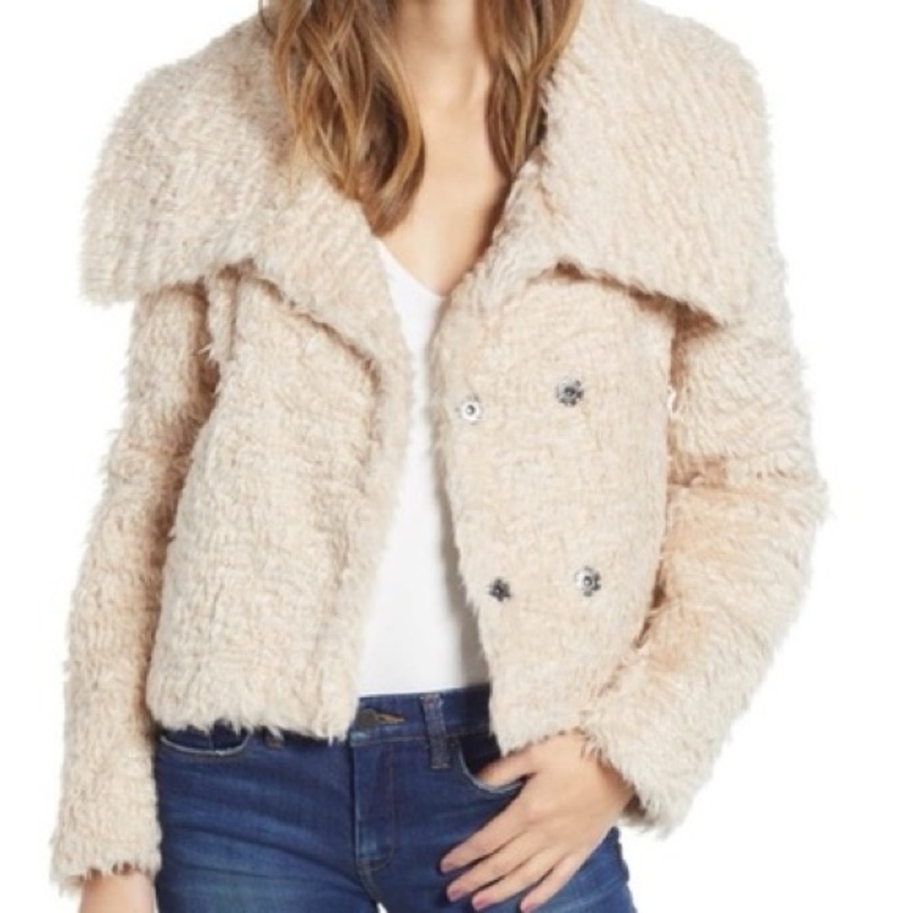 LIRA Cream Teddy Faux Fur Jacket Cozy Cropped Double Breasted Coat NEW size M